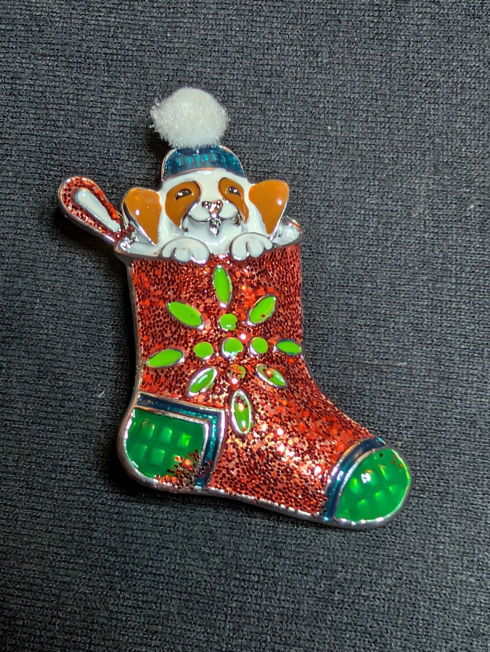 Festive Red Glitter Pet Stocking Brooch with Green Accents